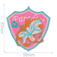Applikation PARADISE Blume auf Wappen 56x57mm - 5Stk